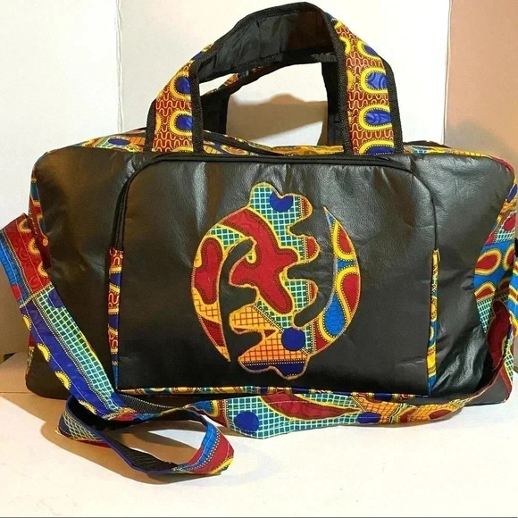 Handcrafted unisex Ankara print vinyl leather duffel weekend travel bag - Picture 11 of 11